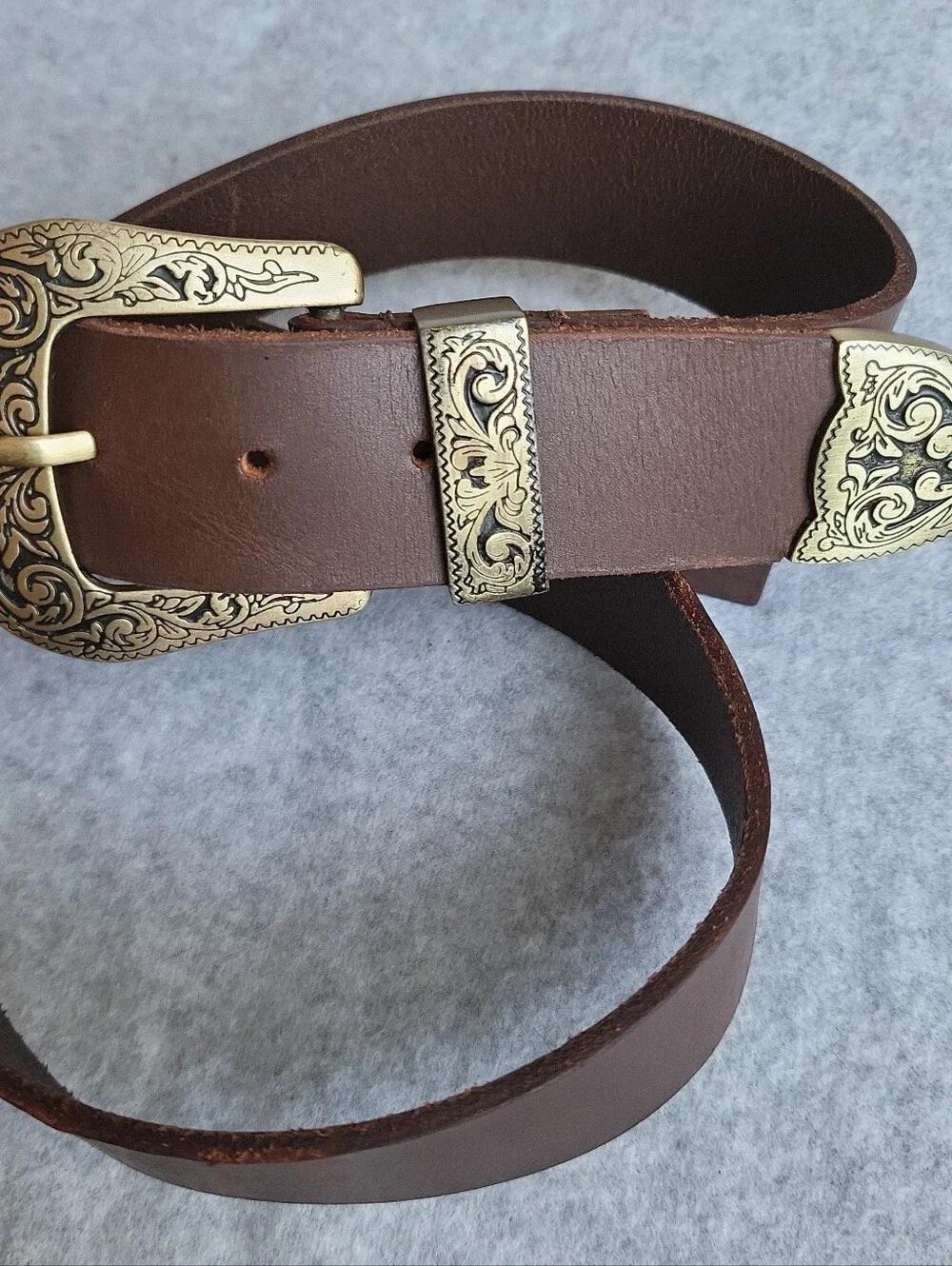 Silence + Noise Western Belt Mens Large Brown Cow Leather Cowboy Brass Buckle